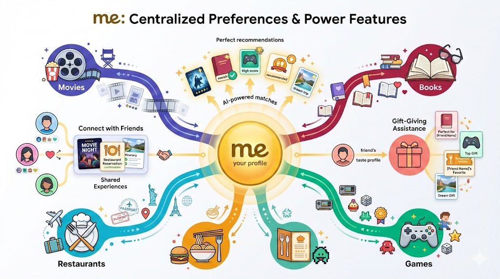 me: Centralized Preferences & Power Features - A visual representation showing how a central 'me: your profile' hub aggregates personal preferences across Movies, Books, Games, Restaurants, and Travel, powering recommendations, social connections, and gift-giving assistance.